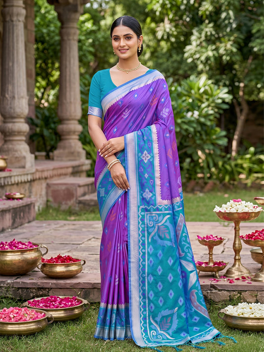 Sutriti Violet Pochampalli Silk Saree | Elegant Traditional Wedding & Festive Wear Saree