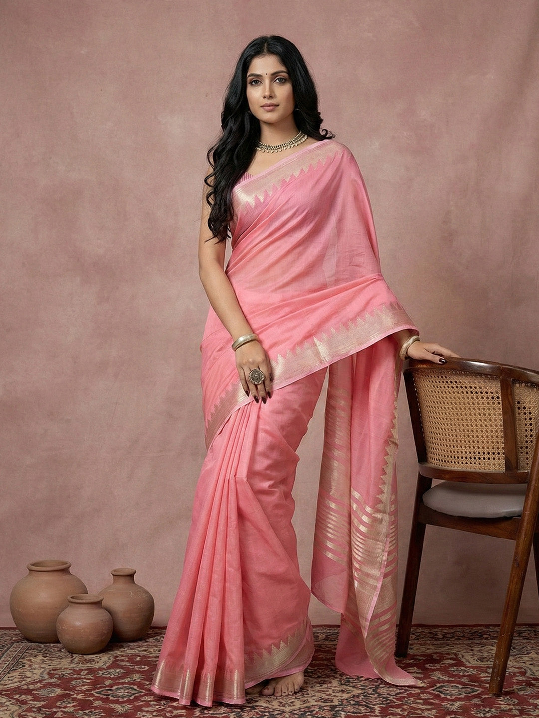 Sutriti pink tissue silk gold zari border wedding saree minimal border collection