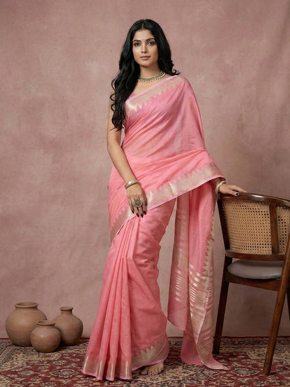 Sutriti pink tissue silk gold zari border wedding saree minimal border collection