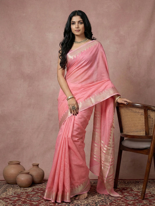 Sutriti pink tissue silk gold zari border wedding saree minimal border collection