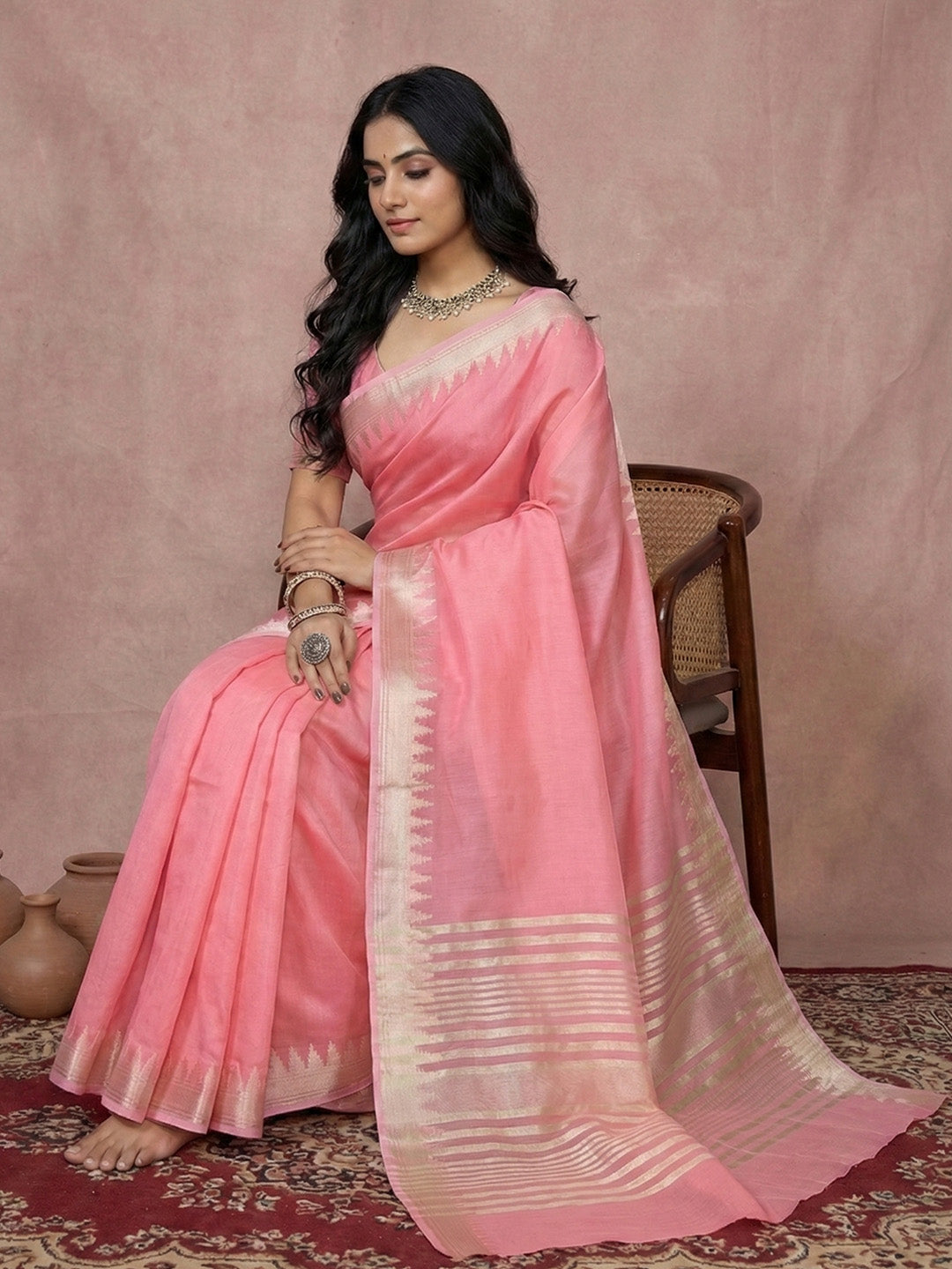 Sutriti pink tissue silk gold zari border wedding saree minimal border collection