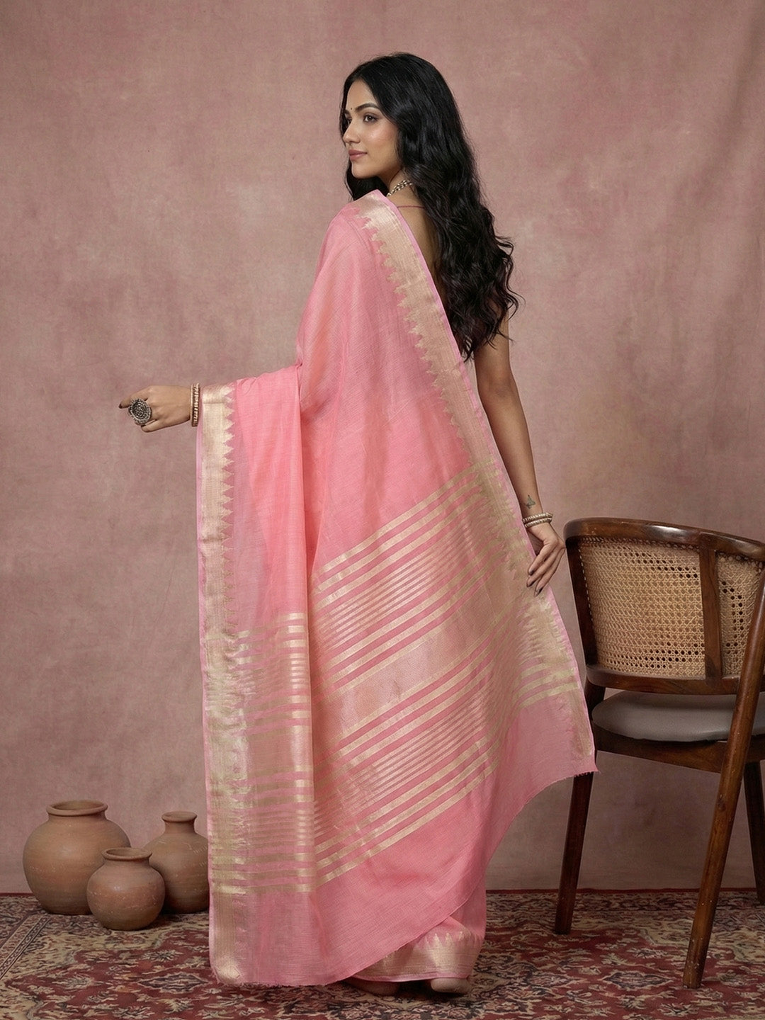 Sutriti pink tissue silk gold zari border wedding saree minimal border collection