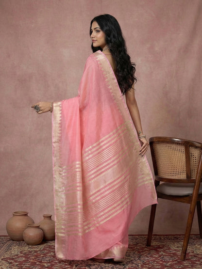 Sutriti pink tissue silk gold zari border wedding saree minimal border collection