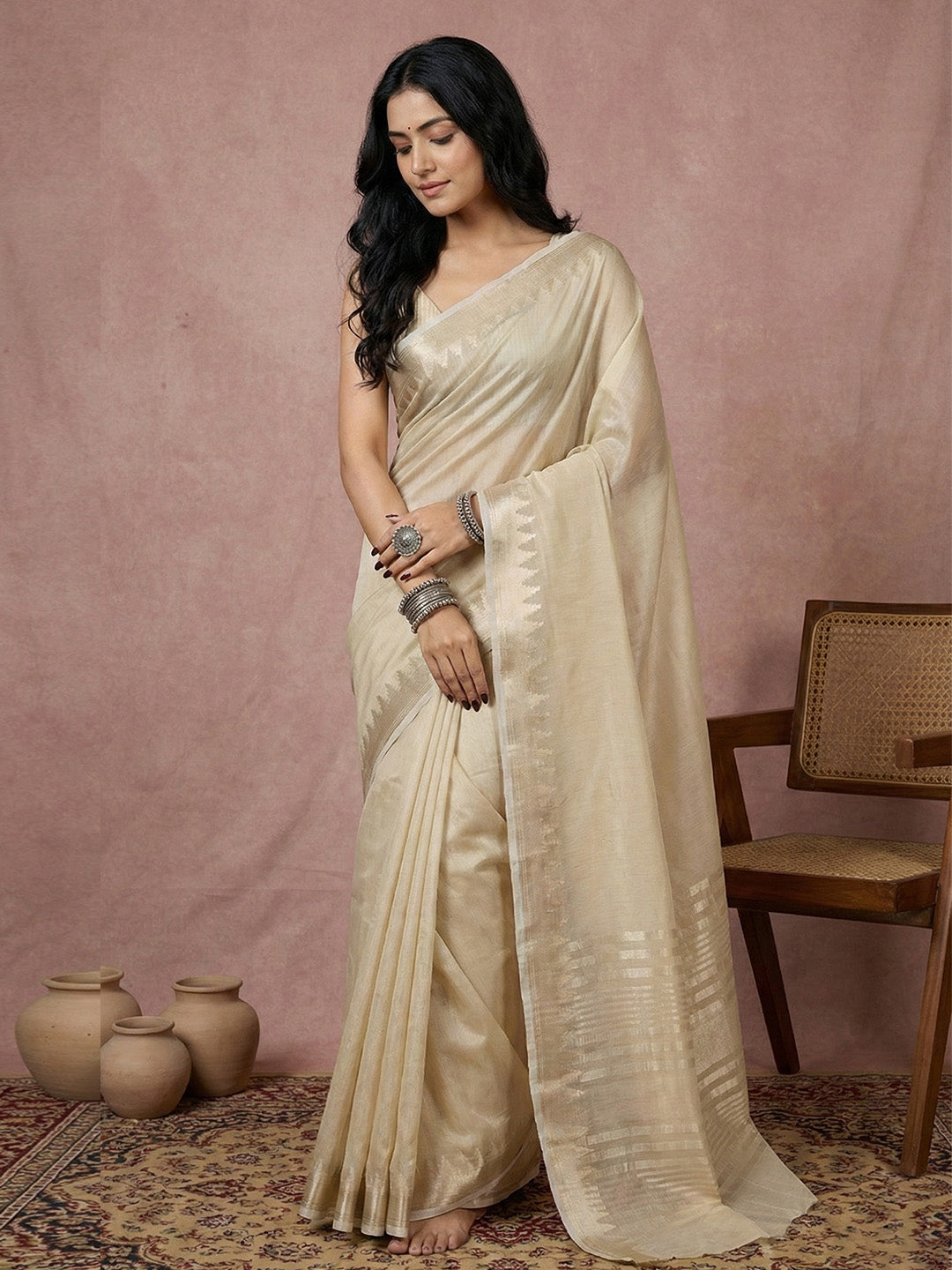 Sutriti ivory cream tissue silk gold zari border wedding saree minimal border collection