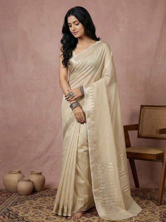 Sutriti ivory cream tissue silk gold zari border wedding saree minimal border collection