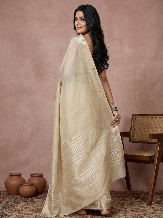 Sutriti ivory cream tissue silk gold zari border wedding saree minimal border collection