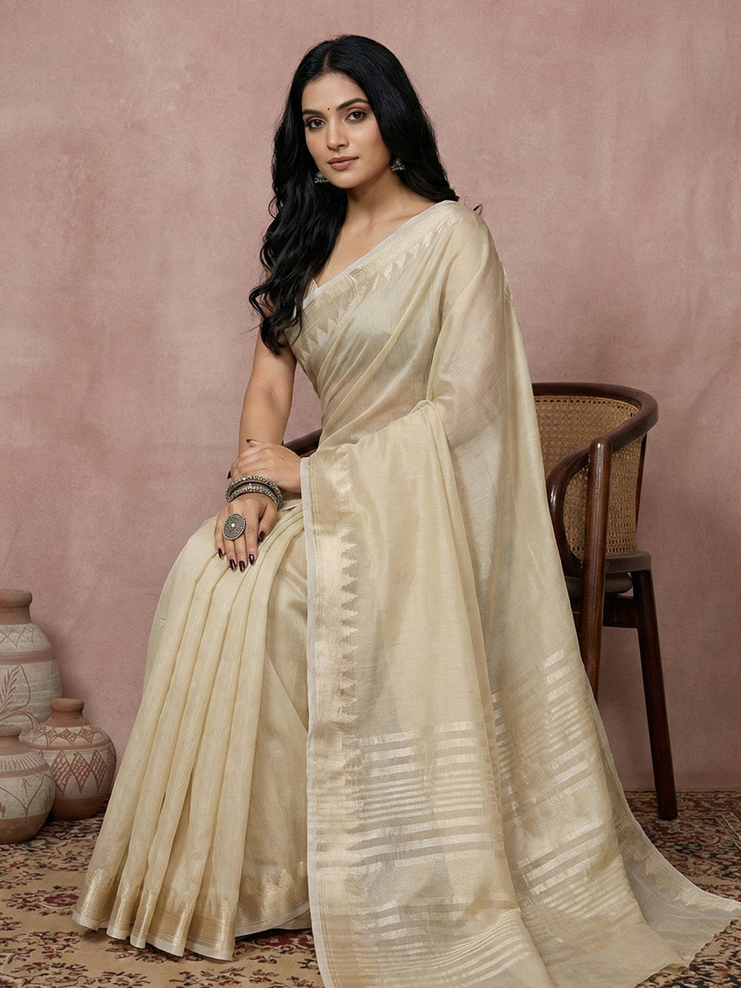 Sutriti ivory cream tissue silk gold zari border wedding saree minimal border collection