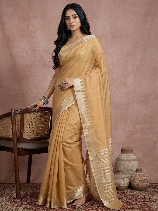 Sutriti golden beige tissue silk gold zari border wedding saree minimal border collection