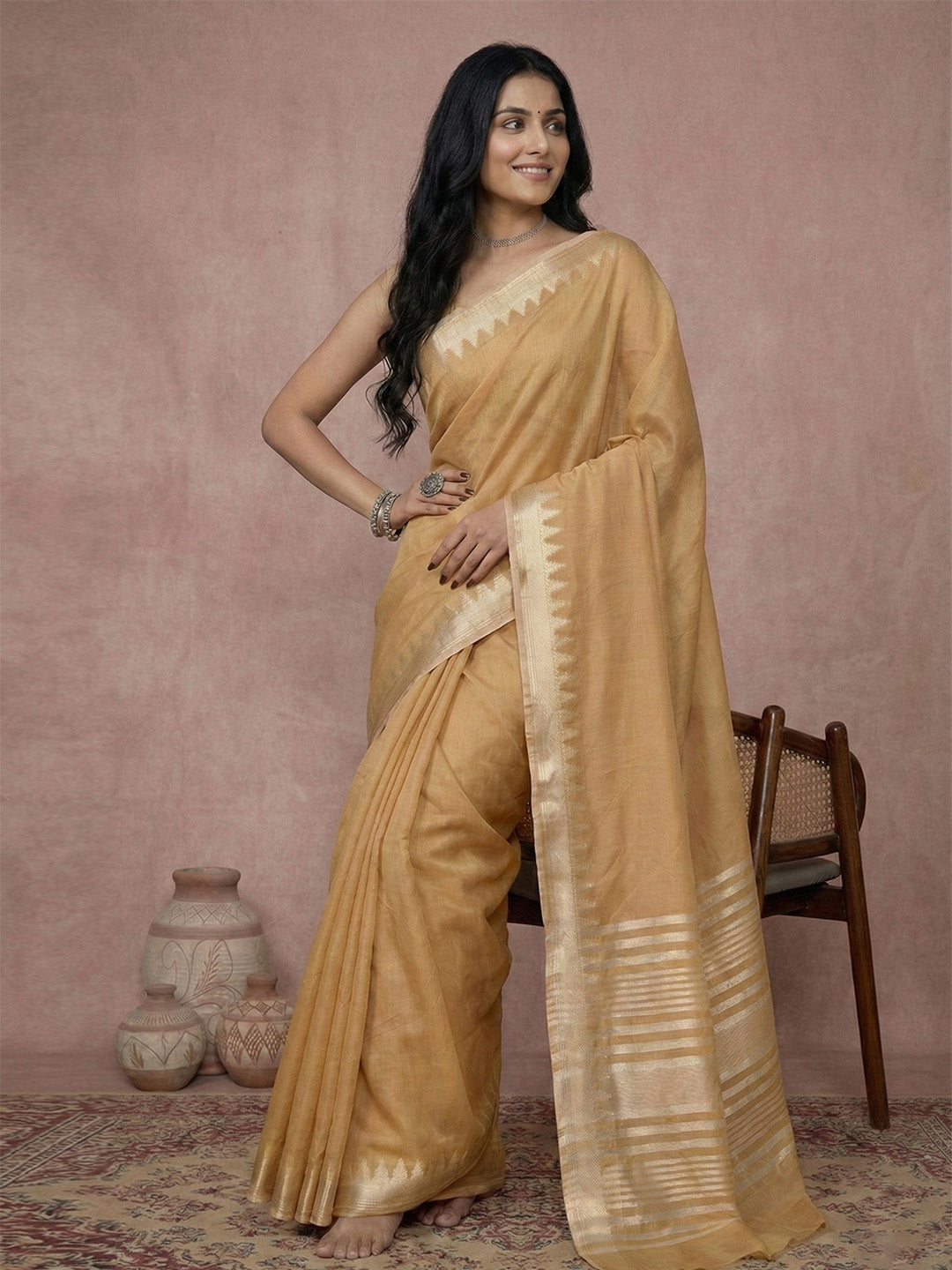 Sutriti golden beige tissue silk gold zari border wedding saree minimal border collection