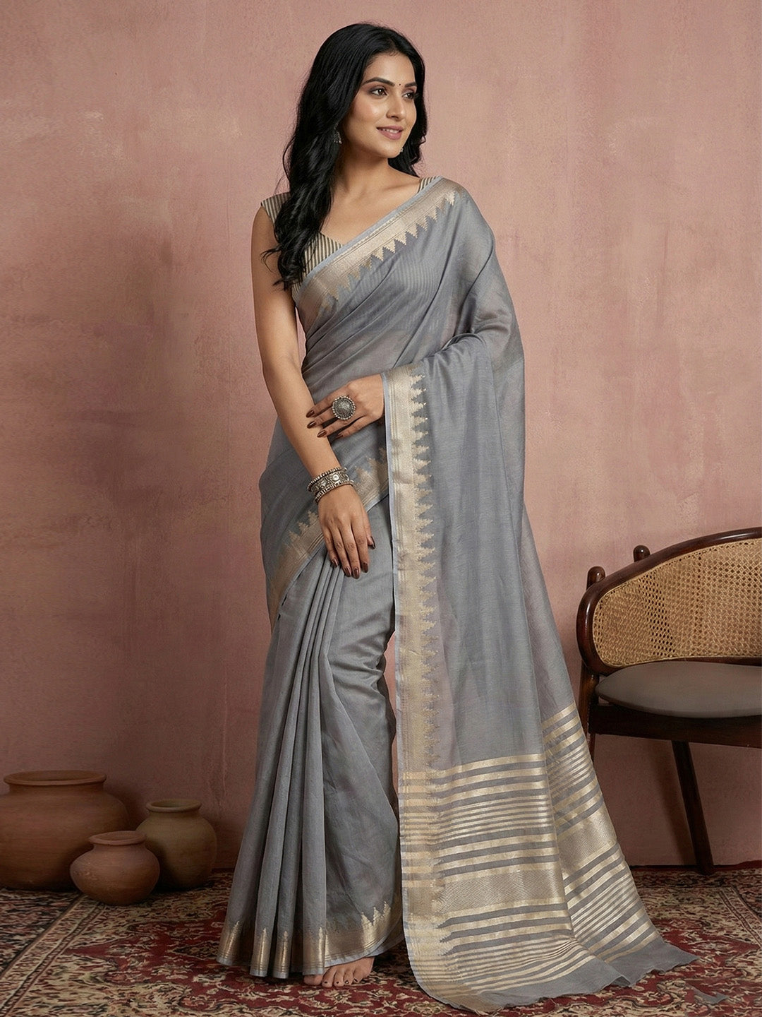 Sutriti grey tissue silk gold zari border wedding saree minimal border collection