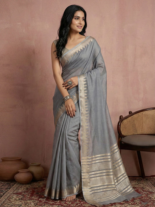 Sutriti grey tissue silk gold zari border wedding saree minimal border collection