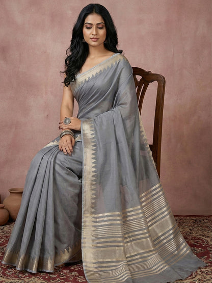 Sutriti grey tissue silk gold zari border wedding saree minimal border collection