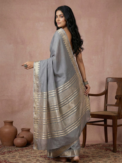Sutriti grey tissue silk gold zari border wedding saree minimal border collection