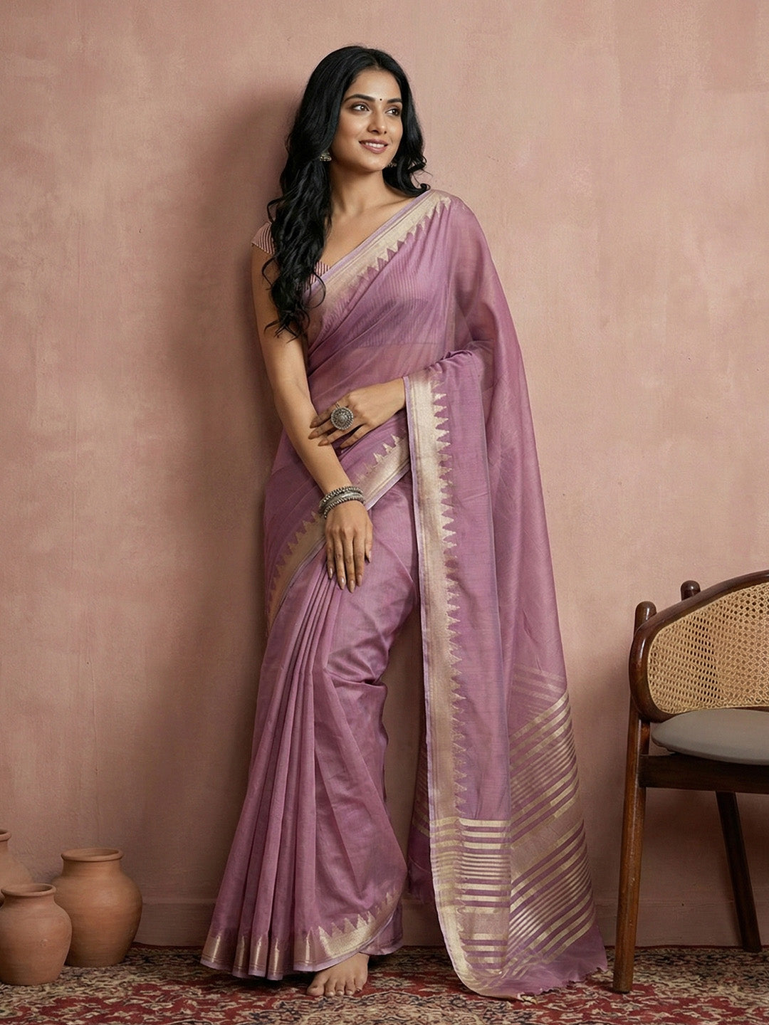 Sutriti mauve tissue silk gold zari border wedding saree minimal border collection