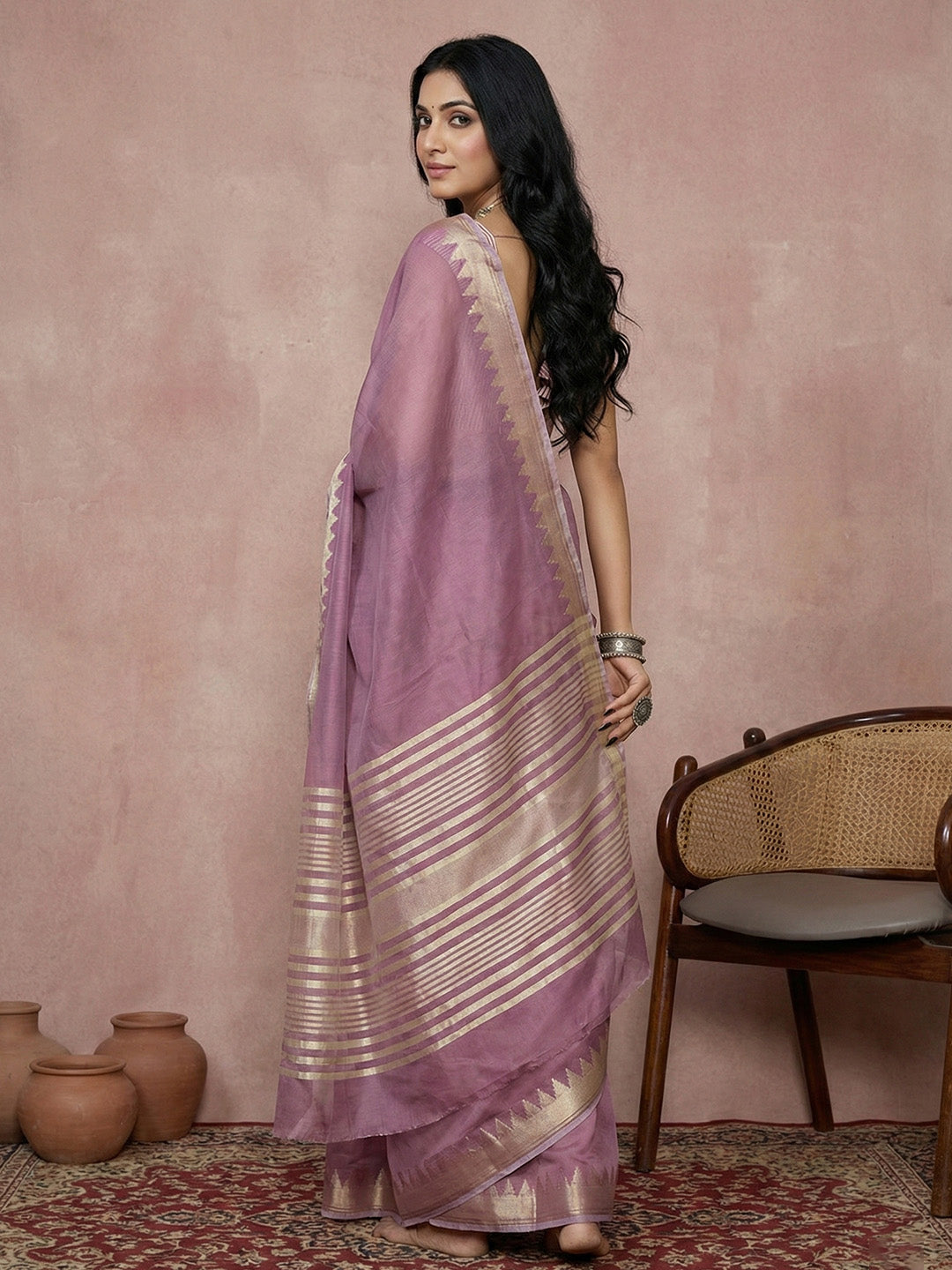 Sutriti mauve tissue silk gold zari border wedding saree minimal border collection