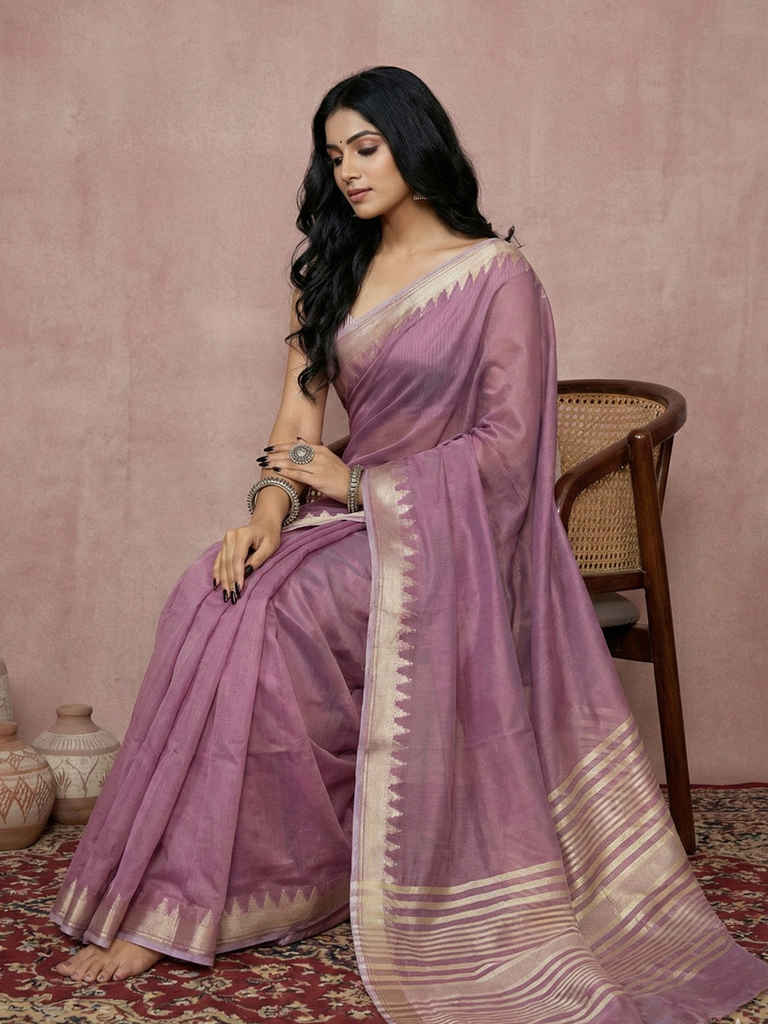 Sutriti mauve tissue silk gold zari border wedding saree minimal border collection