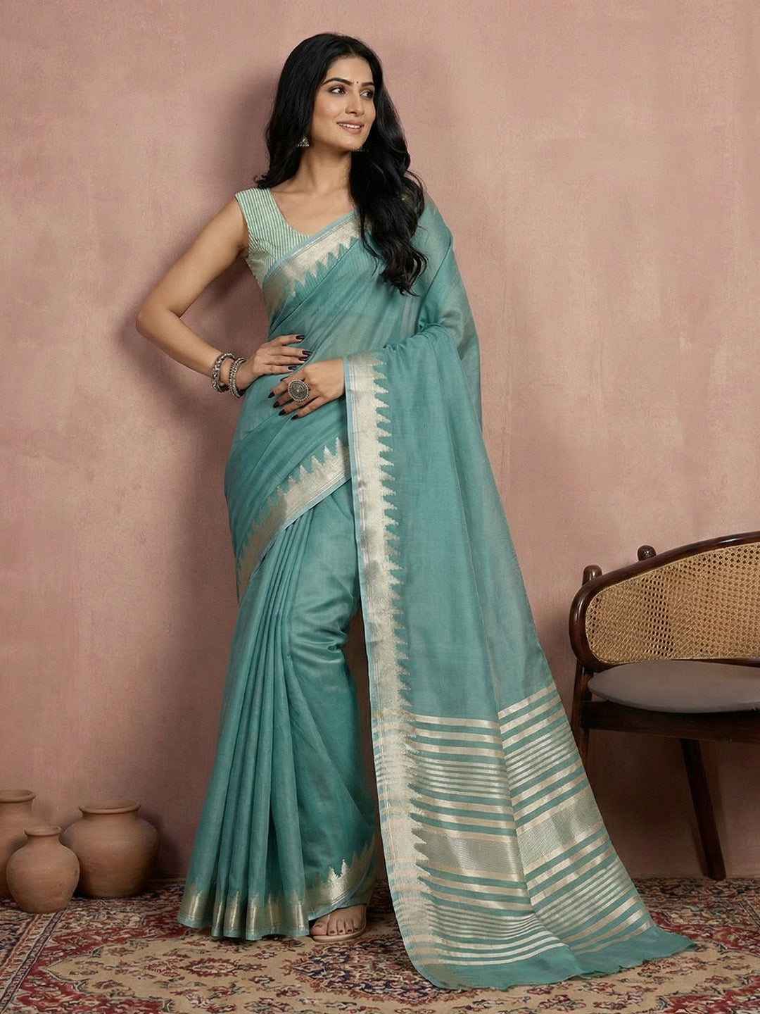 Sutriti aqua green tissue silk gold zari border wedding saree minimal border collection