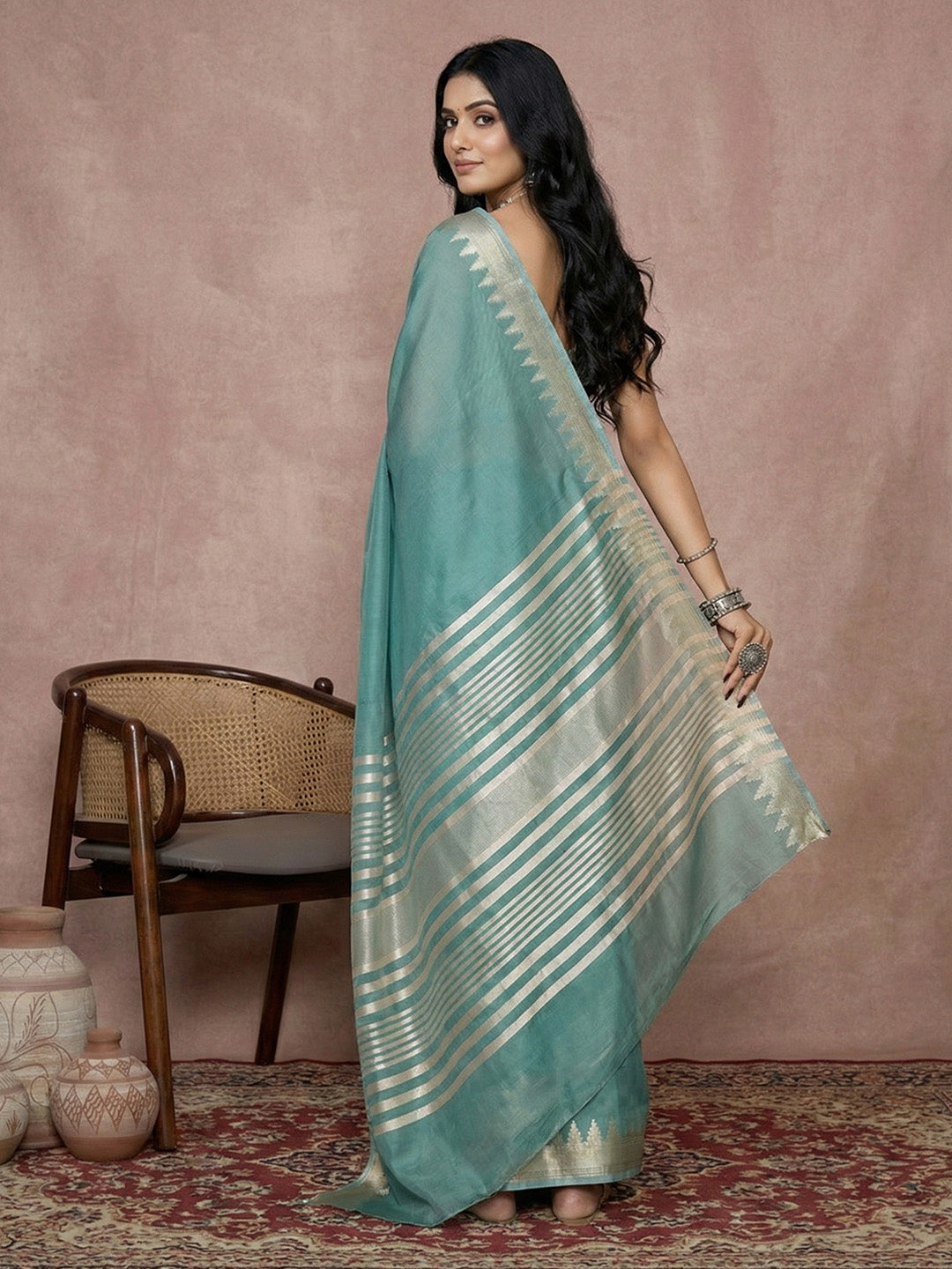 Sutriti aqua green tissue silk gold zari border wedding saree minimal border collection