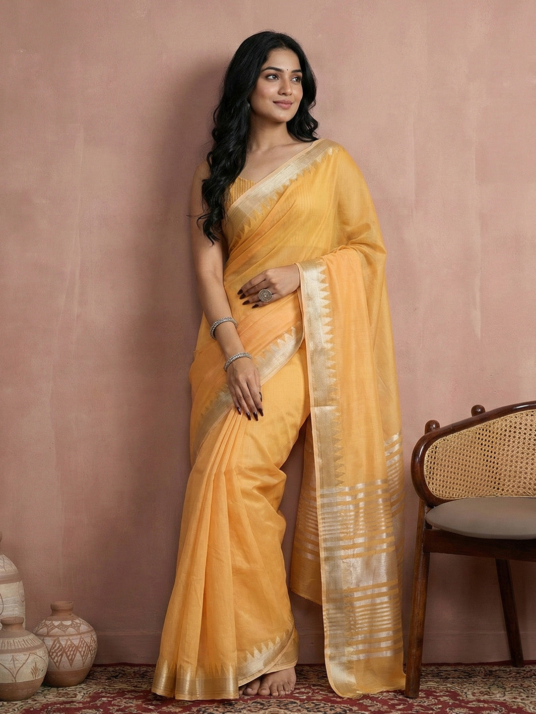 Sutriti mustard yellow tissue silk gold zari border wedding saree minimal border collection