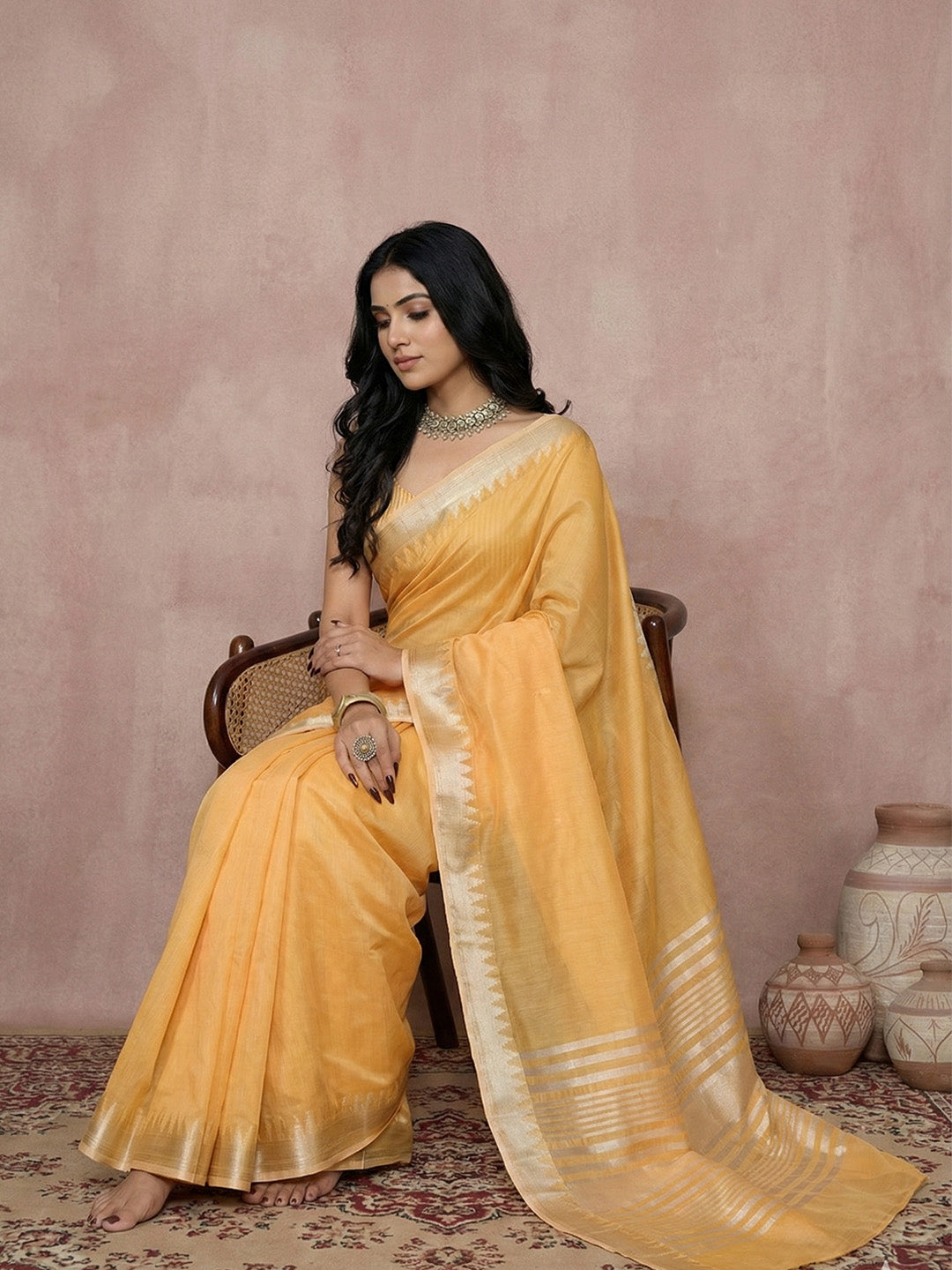 Sutriti mustard yellow tissue silk gold zari border wedding saree minimal border collection