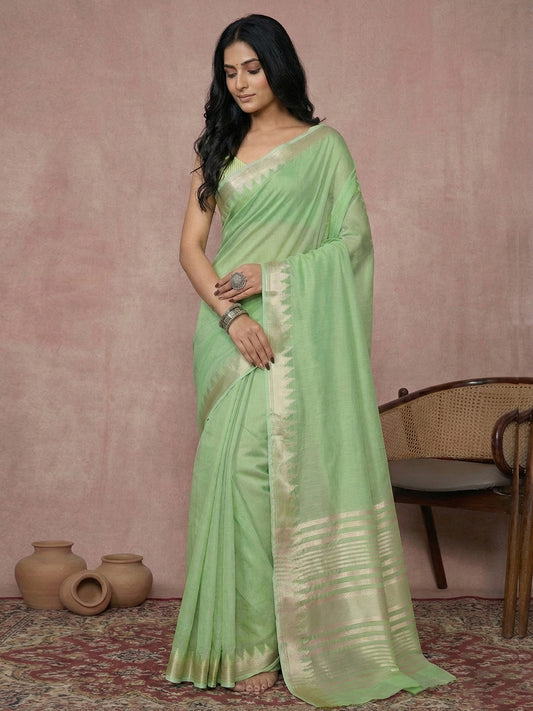 Sutriti Women's Parrot Green Pure Linen Saree with Zari Border & Blouse Piece | Breathable Fabric | Casual & Office Wear