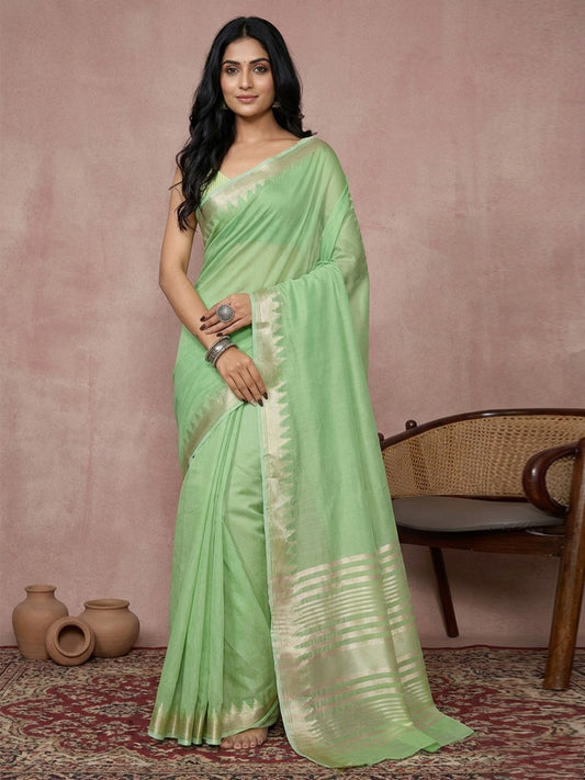 Sutriti Women's Parrot Green Pure Linen Saree with Zari Border & Blouse Piece | Breathable Fabric | Casual & Office Wear