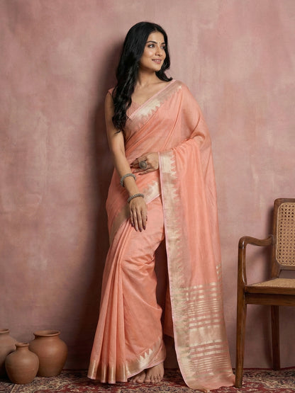 Sutriti Women's Peach Pure Linen Saree with Zari Border & Blouse Piece | Soft & Lightweight | Elegant Daily Wear Saree