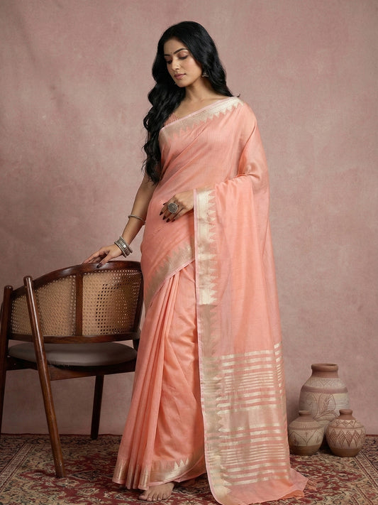 Sutriti Women's Peach Pure Linen Saree with Zari Border & Blouse Piece | Soft & Lightweight | Elegant Daily Wear Saree