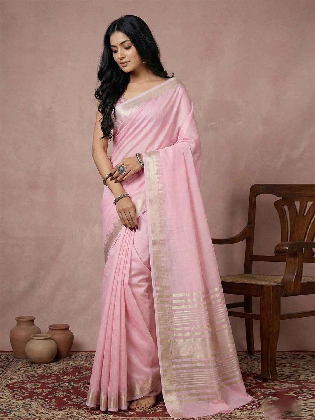 Sutriti baby pink tissue silk gold zari border wedding saree minimal border collection