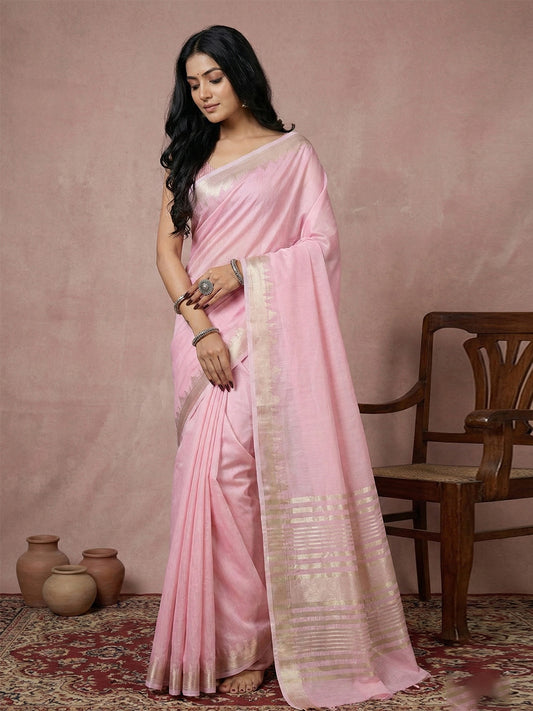 Sutriti baby pink tissue silk gold zari border wedding saree minimal border collection