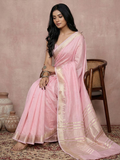 Sutriti baby pink tissue silk gold zari border wedding saree minimal border collection