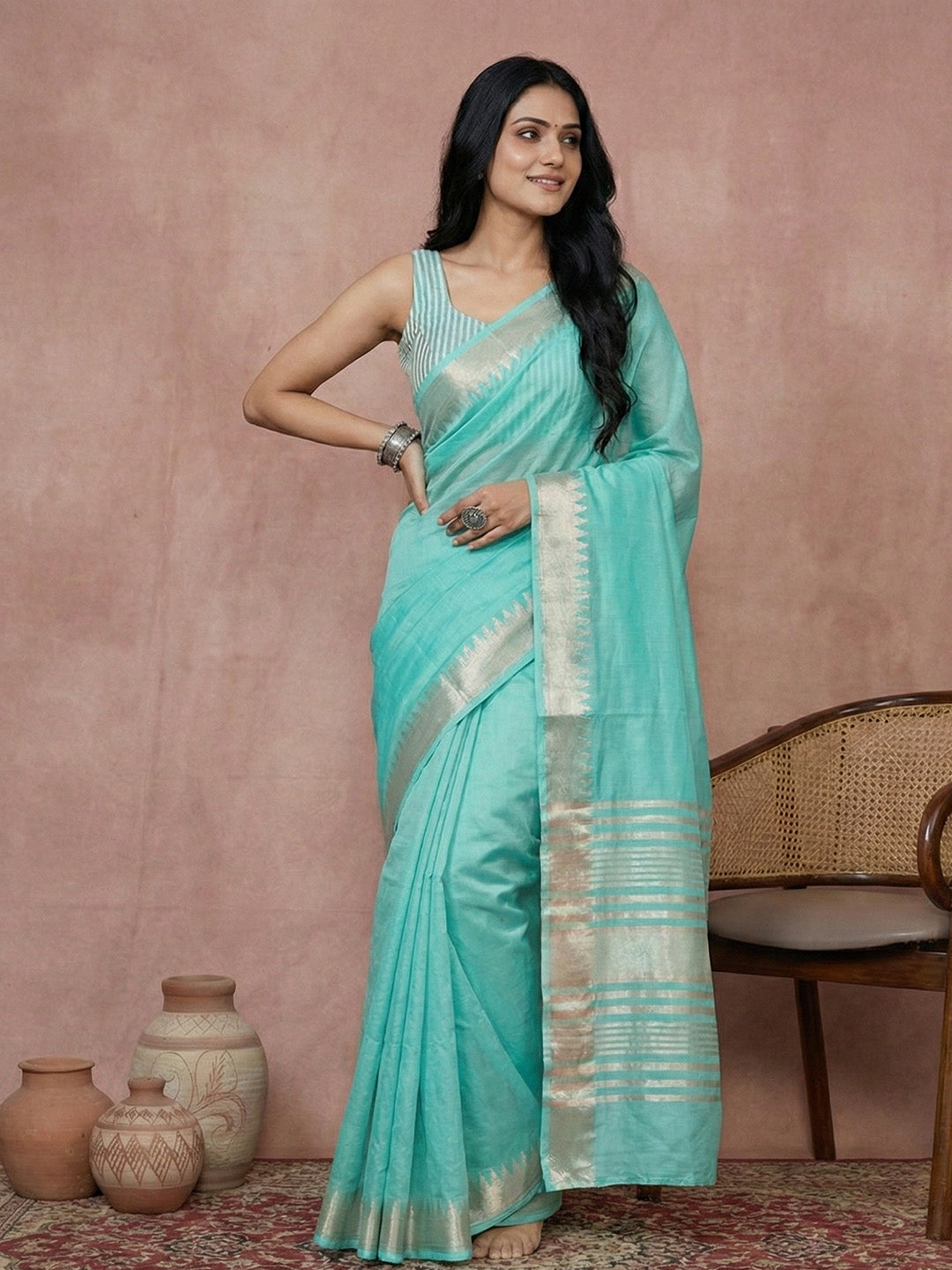 Sutriti turquoise tissue silk gold zari border wedding saree minimal border collection