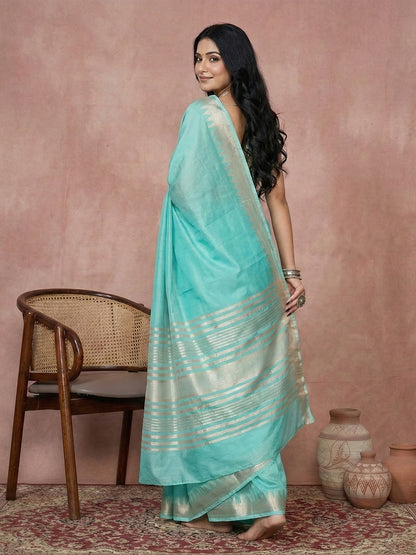 Sutriti turquoise tissue silk gold zari border wedding saree minimal border collection