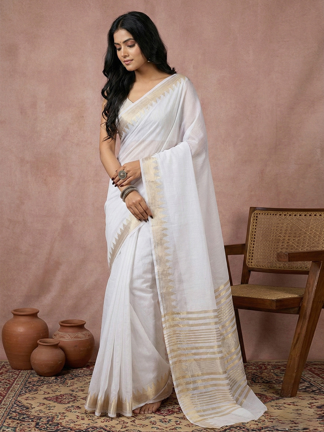 Sutriti white tissue silk gold zari border wedding saree minimal border collection