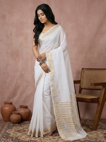 Sutriti white tissue silk gold zari border wedding saree minimal border collection