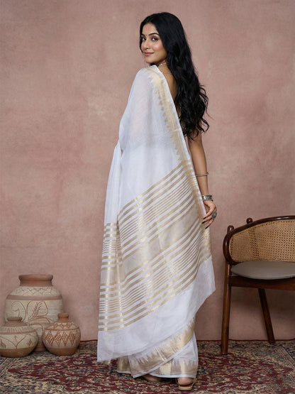 Sutriti white tissue silk gold zari border wedding saree minimal border collection