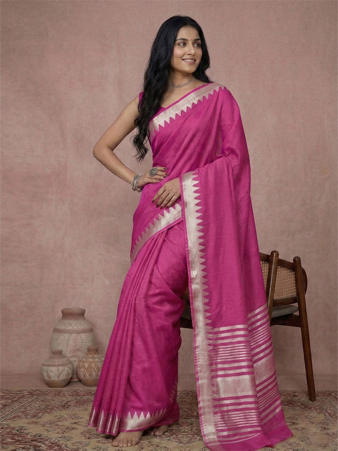 Sutriti Women's Magenta Pure Linen Saree with Gold Zari Border & Blouse Piece | Elegant, Lightweight | Festive & Daily Wear