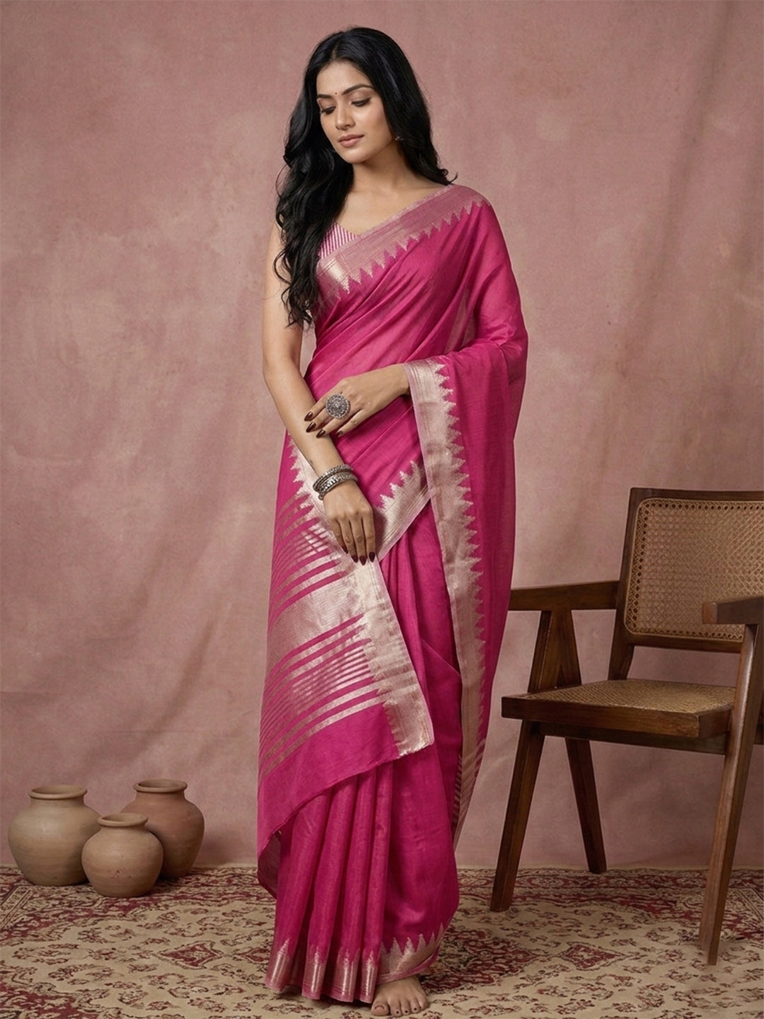 Sutriti Women's Magenta Pure Linen Saree with Gold Zari Border & Blouse Piece | Elegant, Lightweight | Festive & Daily Wear