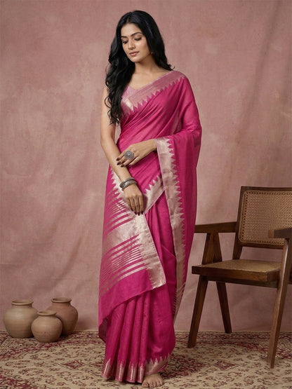 Sutriti Women's Magenta Pure Linen Saree with Gold Zari Border & Blouse Piece | Elegant, Lightweight | Festive & Daily Wear