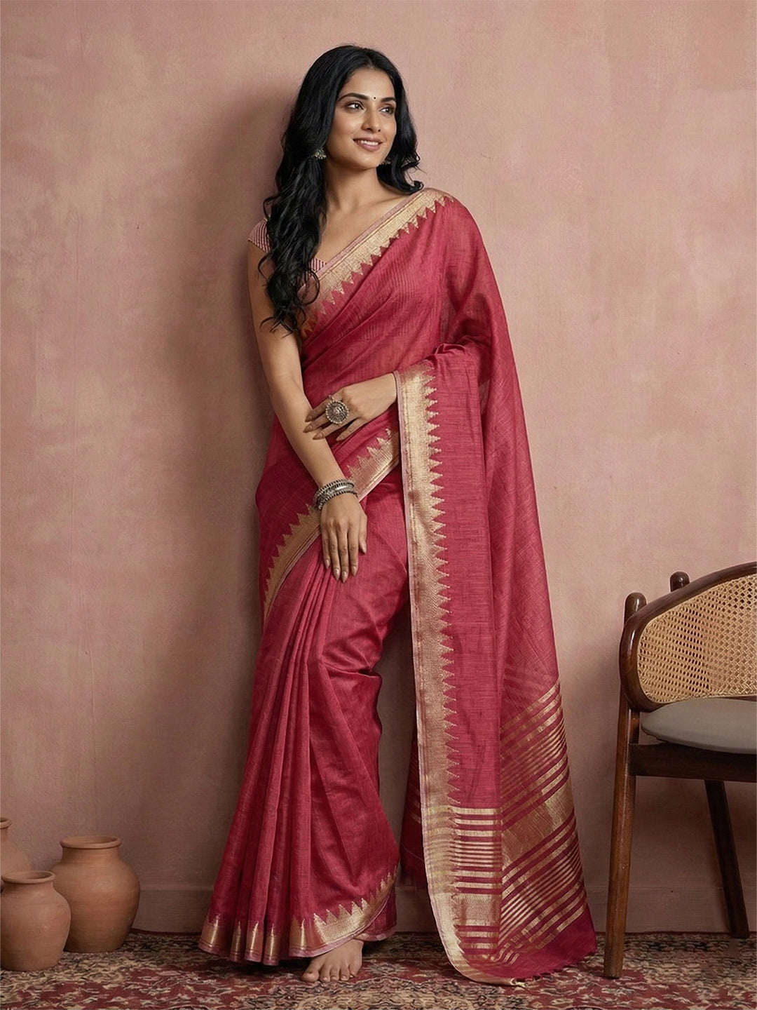 Sutriti Women's Red Pure Linen Saree with Gold Zari Border & Blouse Piece | Elegant, Lightweight | Festive & Daily Wear