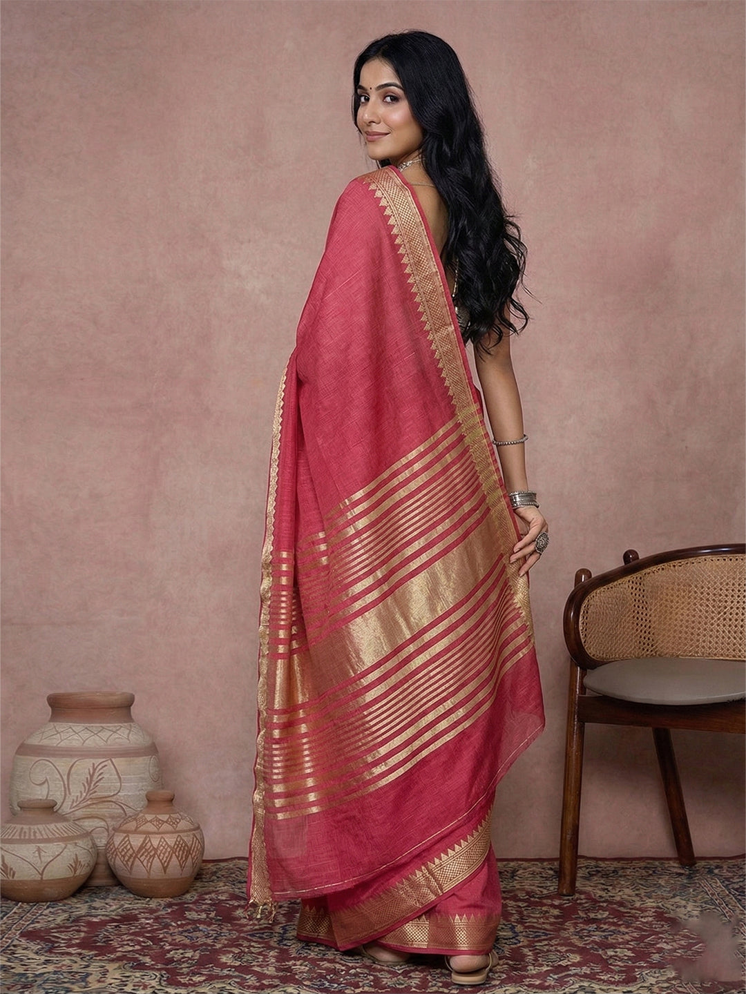 Sutriti Women's Red Pure Linen Saree with Gold Zari Border & Blouse Piece | Elegant, Lightweight | Festive & Daily Wear