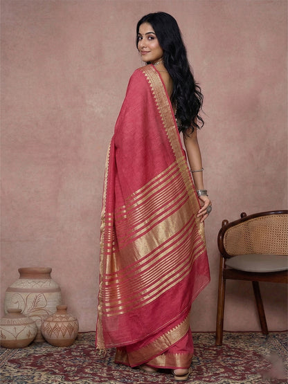 Sutriti Women's Red Pure Linen Saree with Gold Zari Border & Blouse Piece | Elegant, Lightweight | Festive & Daily Wear