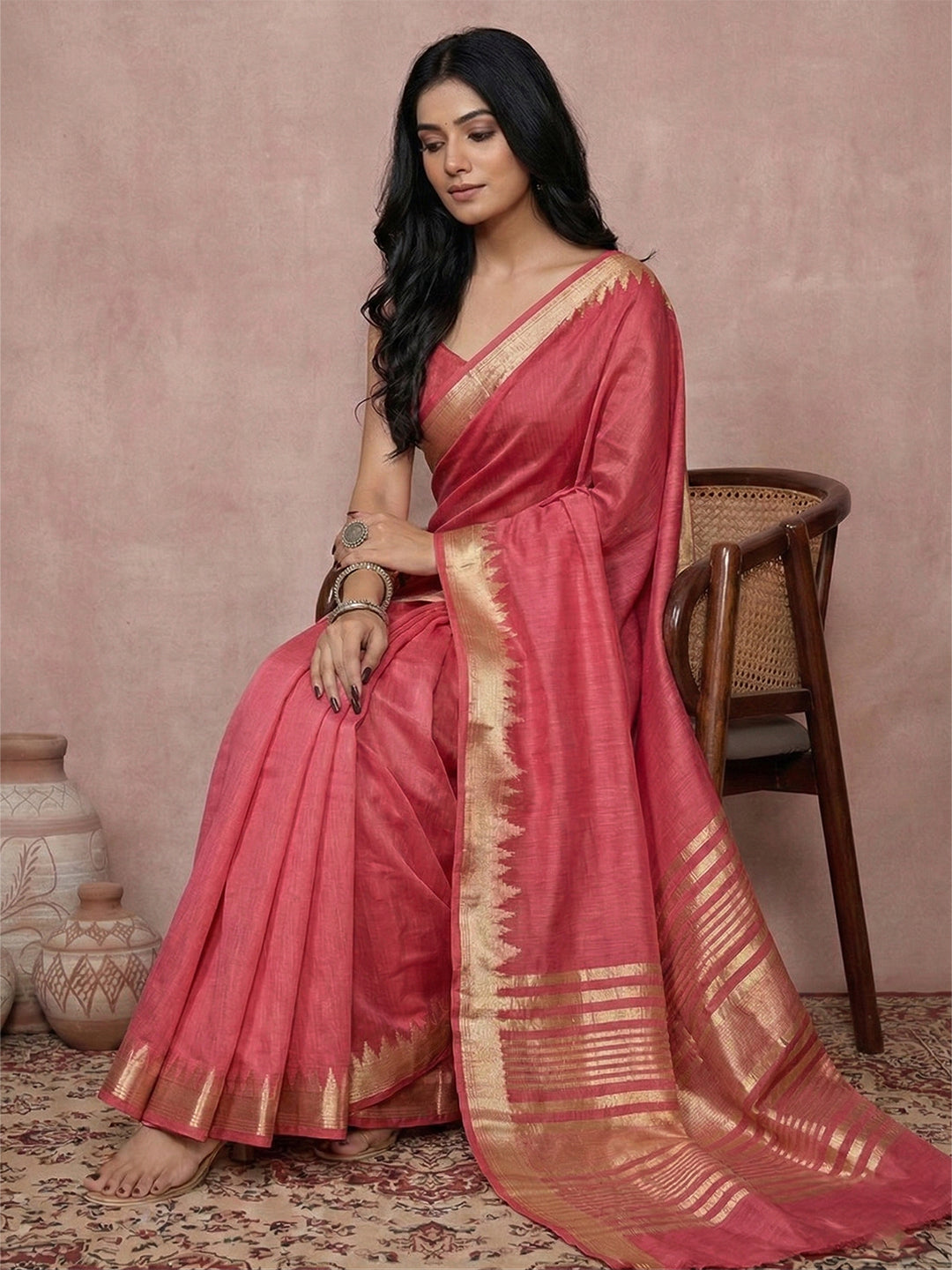 Sutriti Women's Red Pure Linen Saree with Gold Zari Border & Blouse Piece | Elegant, Lightweight | Festive & Daily Wear