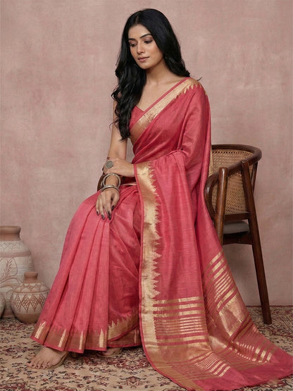 Sutriti Women's Red Pure Linen Saree with Gold Zari Border & Blouse Piece | Elegant, Lightweight | Festive & Daily Wear