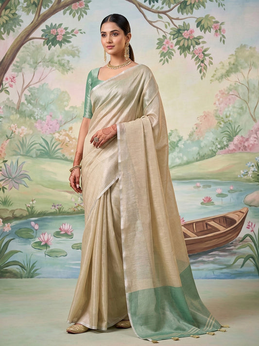 Sutriti Beige Gold Tissue Silk Saree for Women Festive Wedding PSofty Ethnic Wear