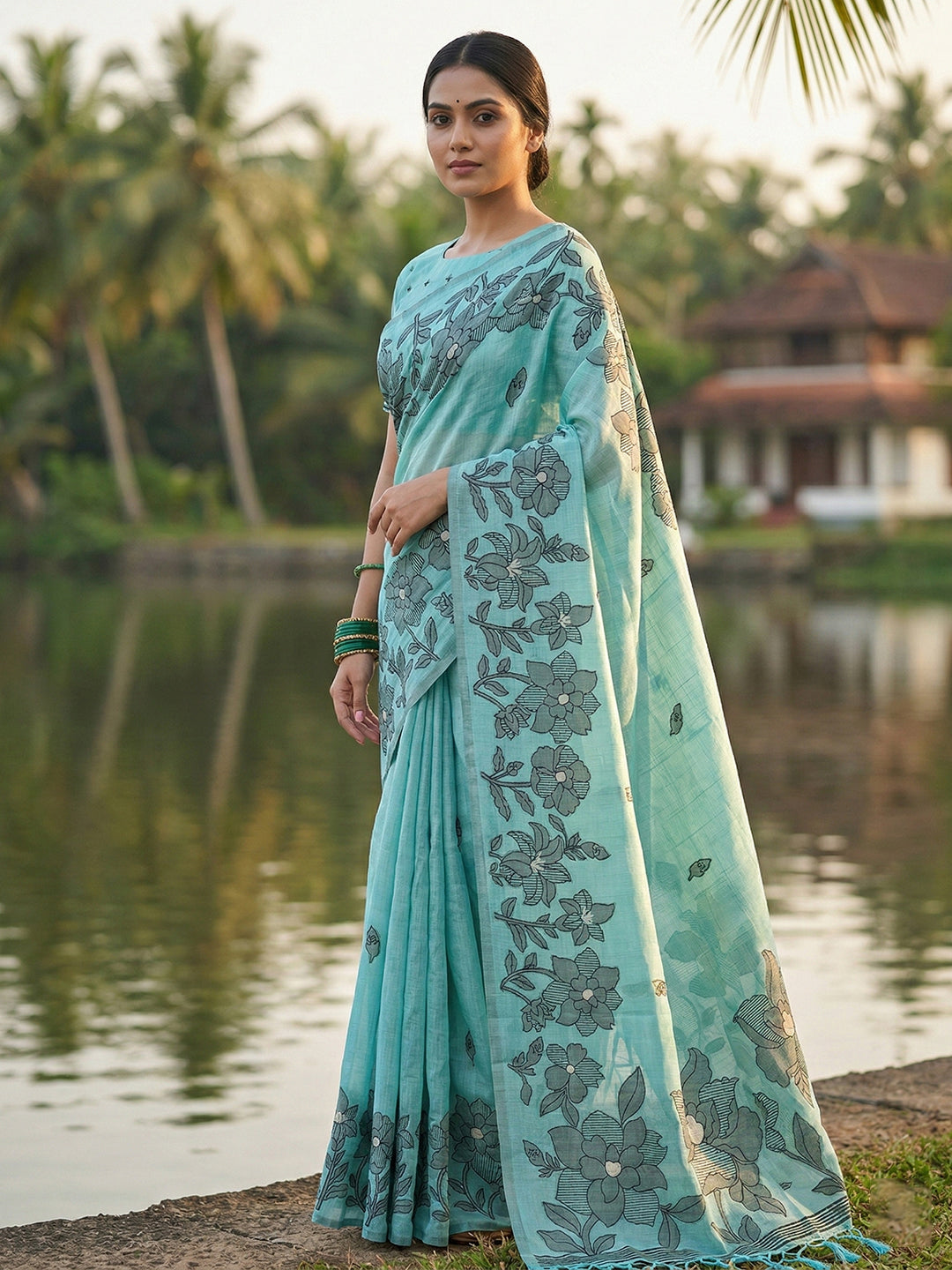 Sutriti aqua blue tissue silk botanical floral print wedding saree botanical print collection