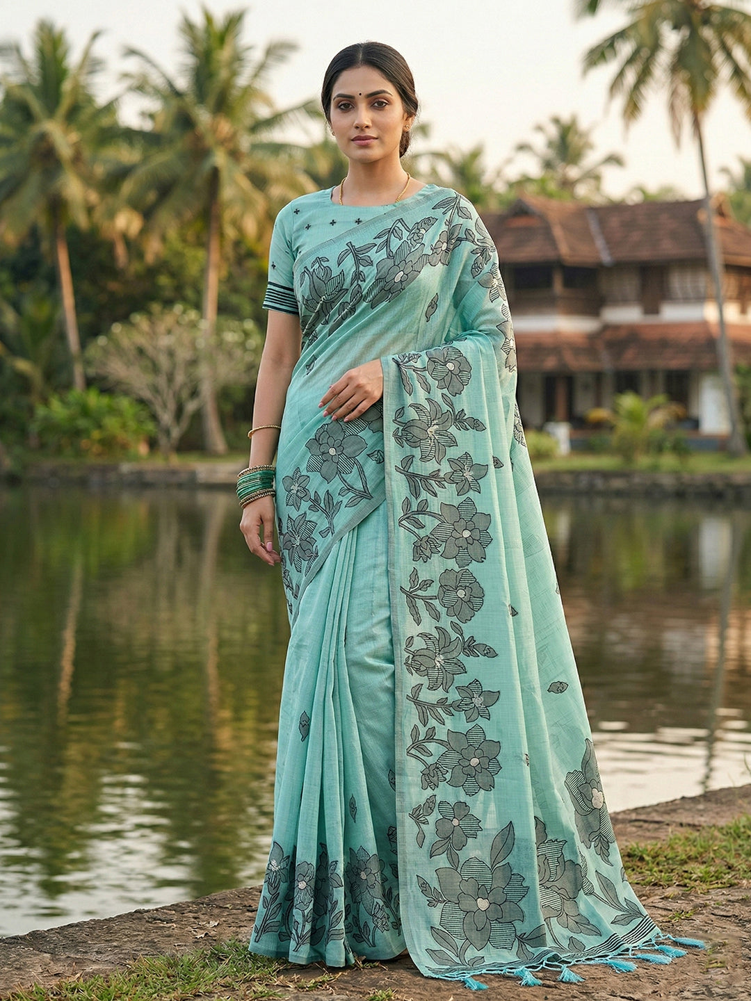 Sutriti aqua blue tissue silk botanical floral print wedding saree botanical print collection