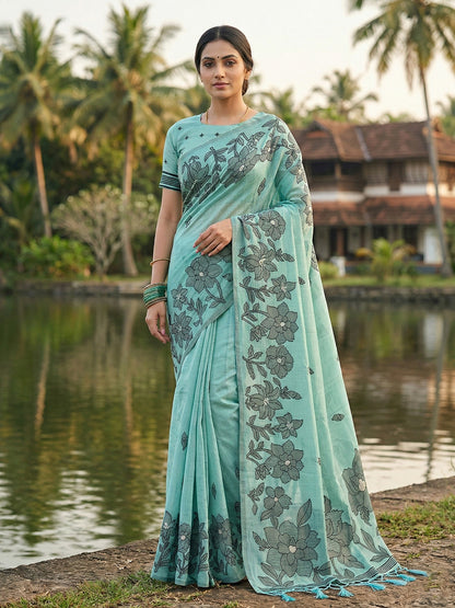 Sutriti aqua blue tissue silk botanical floral print wedding saree botanical print collection