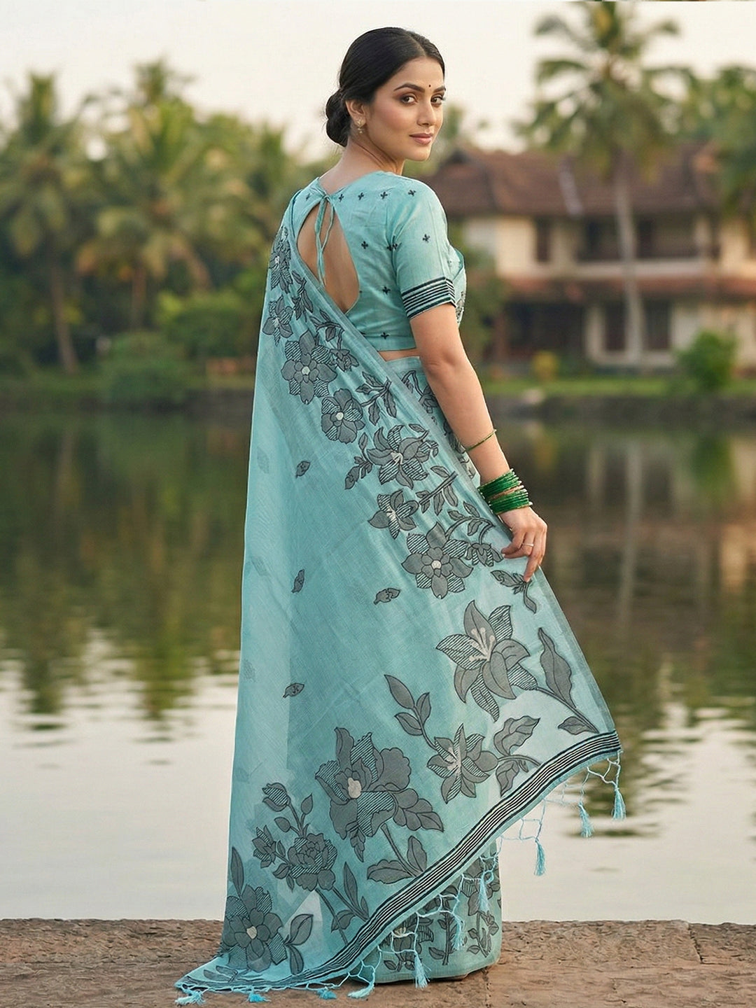 Sutriti aqua blue tissue silk botanical floral print wedding saree botanical print collection