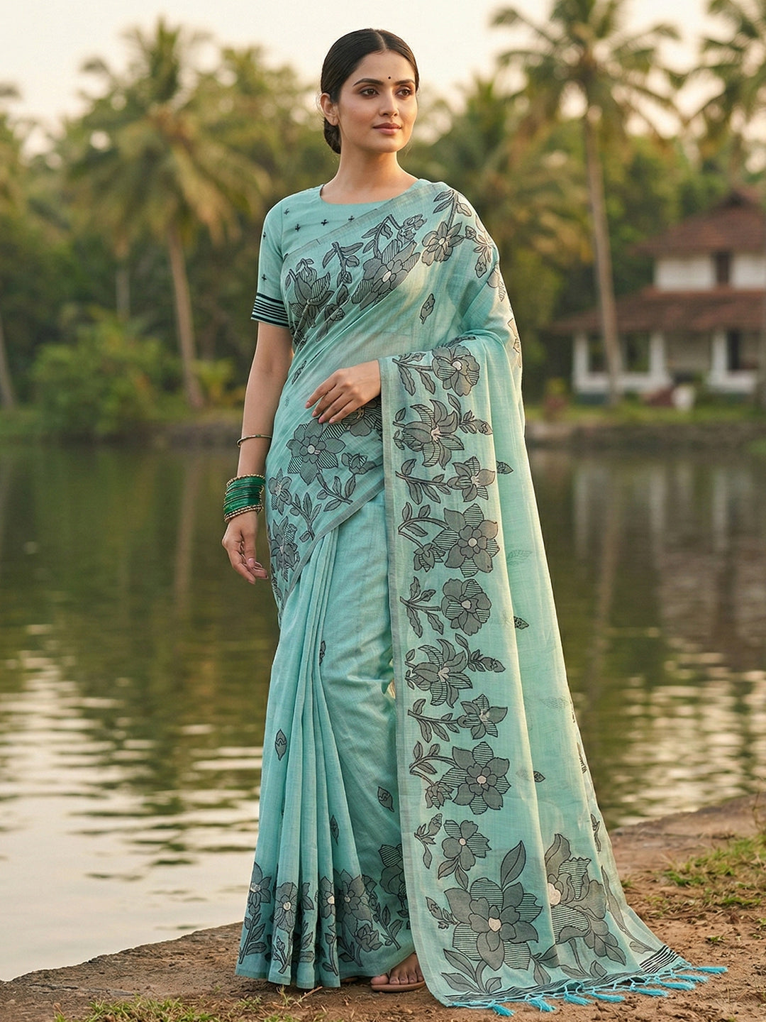 Sutriti aqua blue tissue silk botanical floral print wedding saree botanical print collection